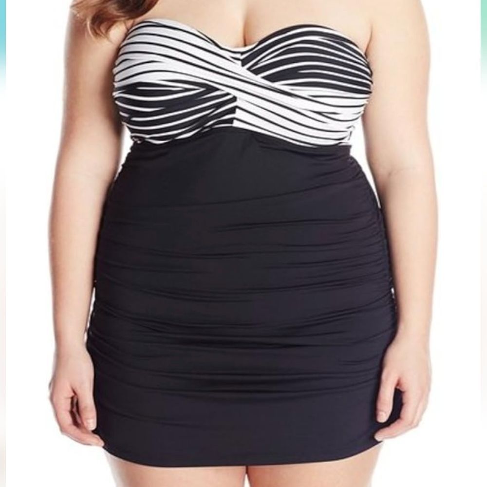 Anne Cole 24W Twist Front Ruched Swim Dress - Removable Halter Strap Missing